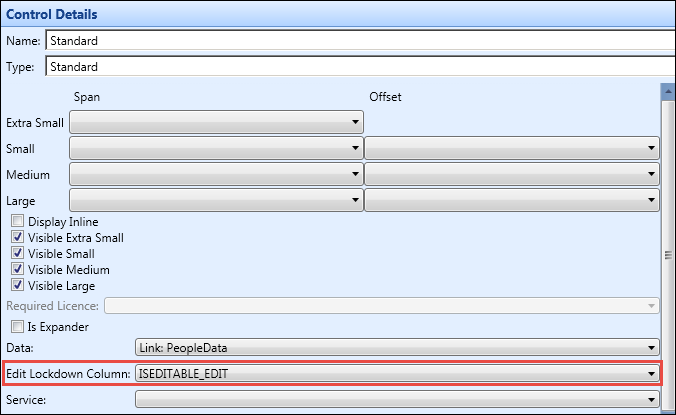 Control Details pane - Edit Lockdown Column field