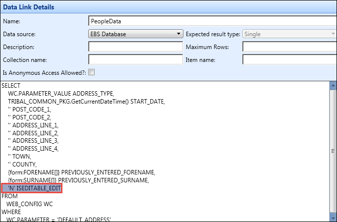 Data Link Details pane - 'ISEDITABLE_' prefix set to N