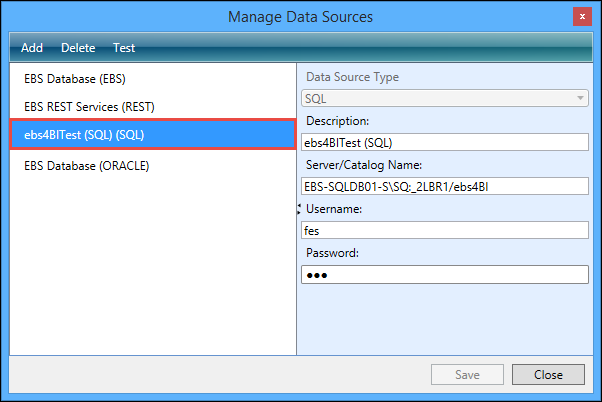 Manage Data Sources window - data source selected