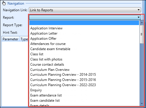 Navigation section - Report field