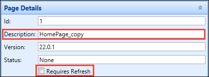 Page Details section - Description field and Requires Refresh check box