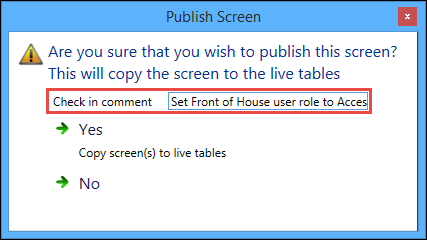 Publish Screen window - Check in comment field