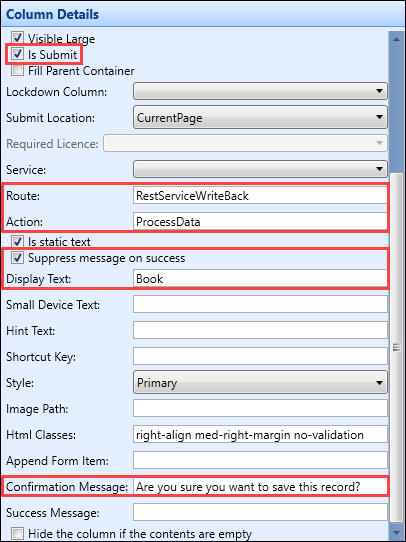 Column Details pane - submit data fields