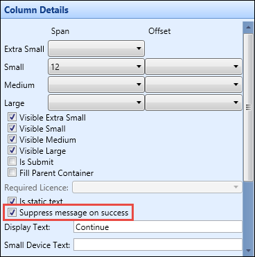 Suppress Message on Success check box