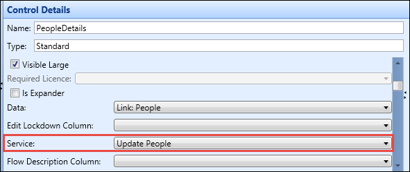 Control Details pane - Service field