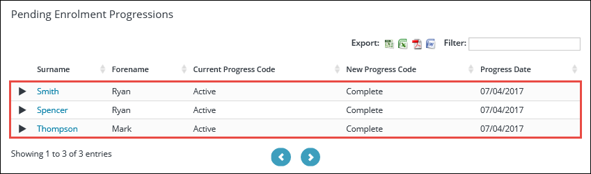 Pending Enrolment Progressions section