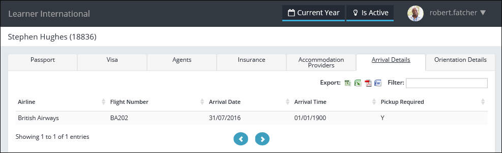 Learner International page - Arrival Details sub-tab