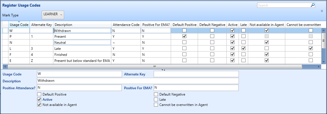 Register Usage Codes reference data