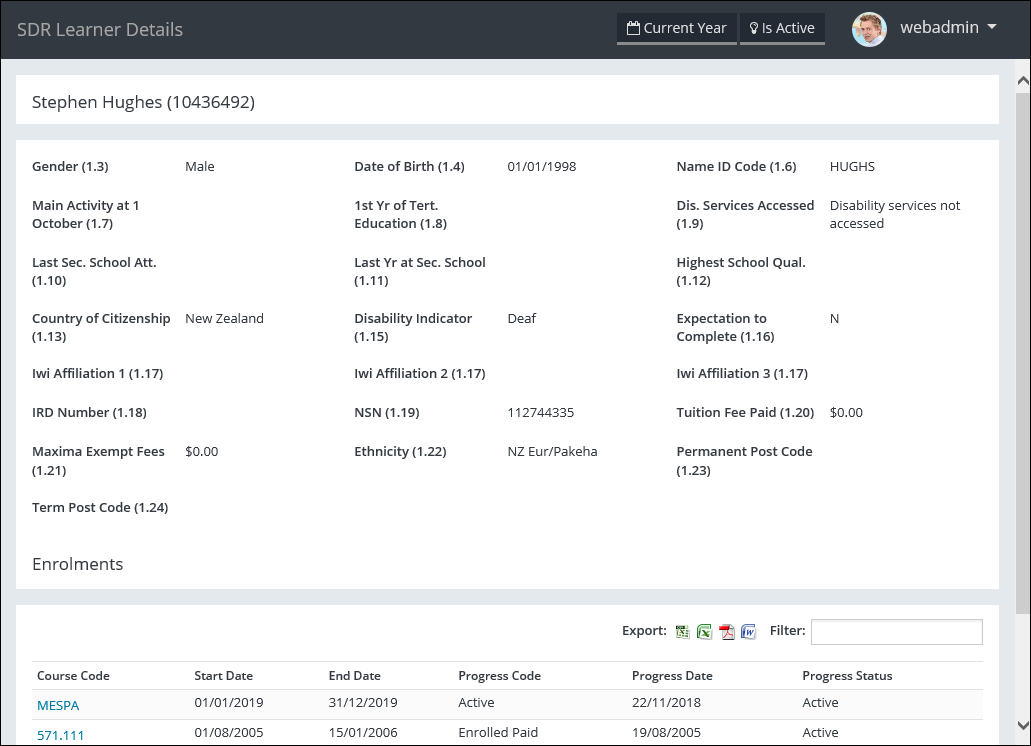 SDR Learner Details page