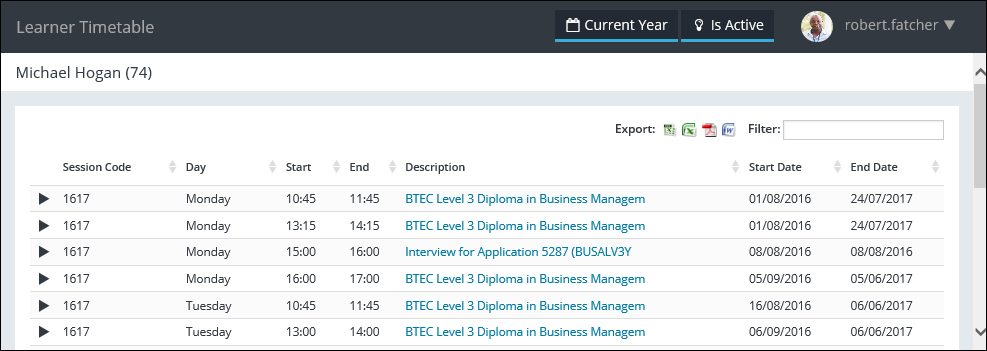 Learner Timetable page