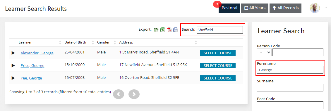 Learner search filtering