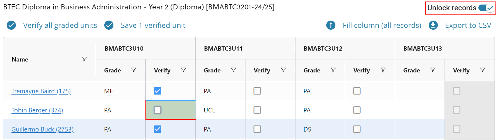 Markbook clearing verified results