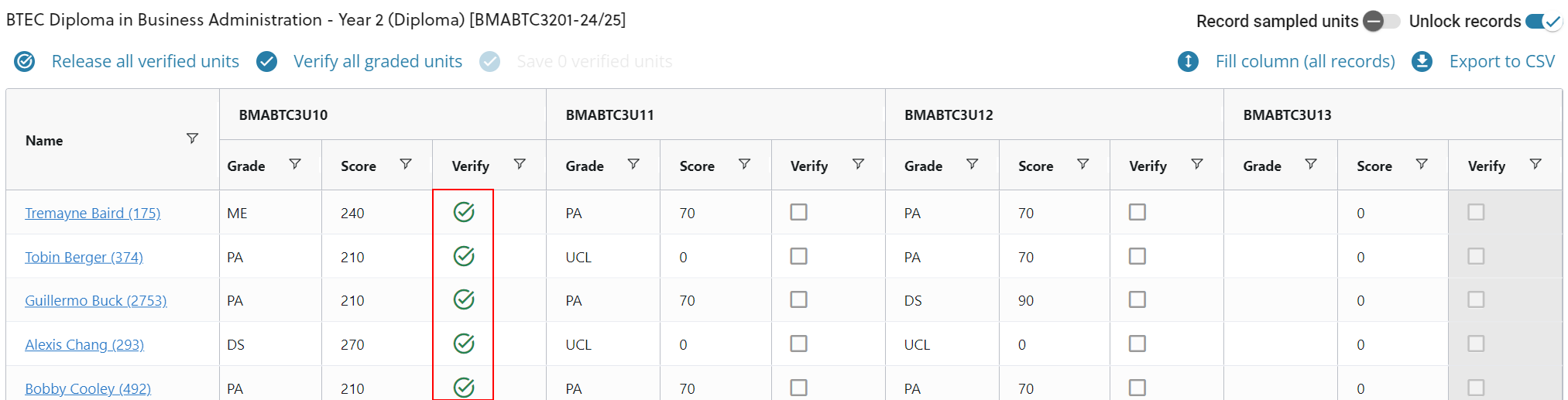 Released grades shown in markbook