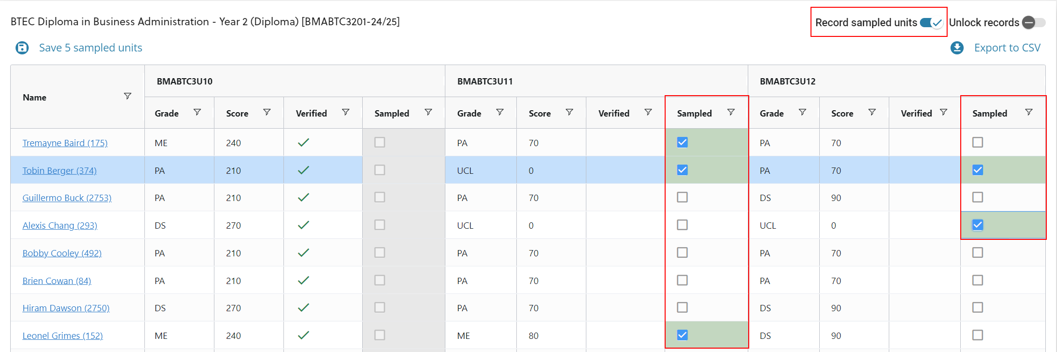 Record sampled units in markbook verification