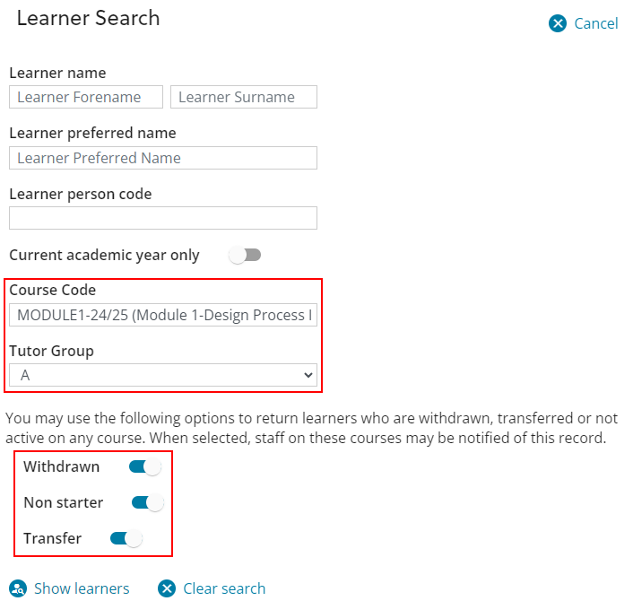 Learner search example