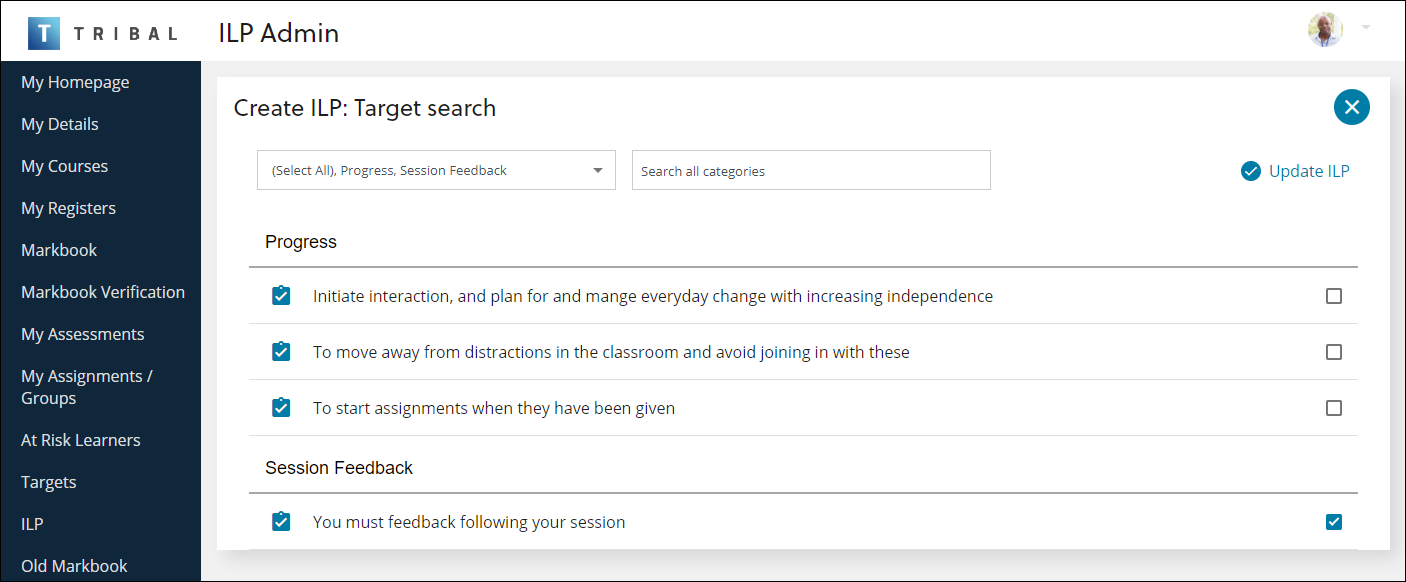 Create ILP: Target search screen