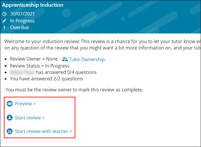 Preview, start review and start review with learner options