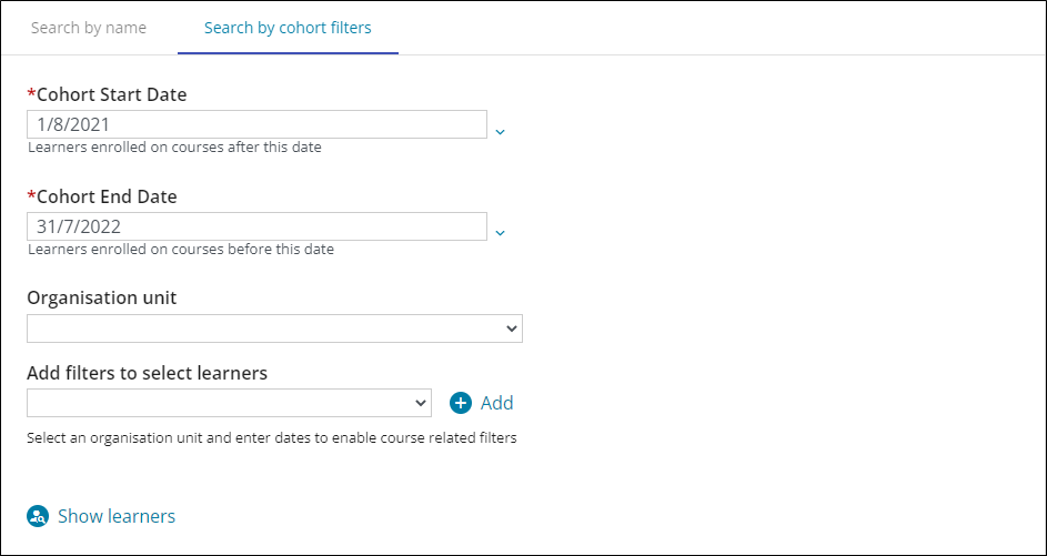 Search by cohort filters tab