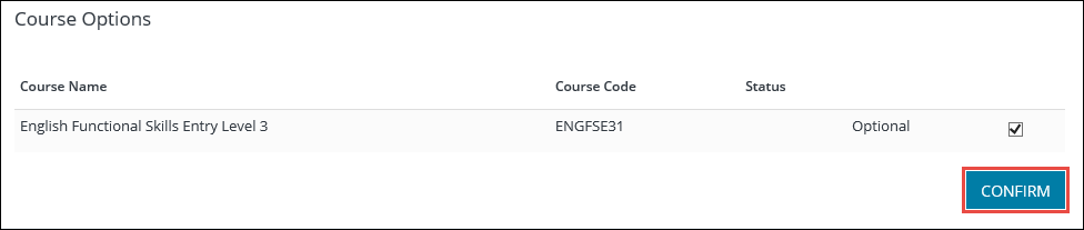 Course Options grid - Confirm button