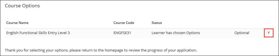 Course Options grid - child unit selected