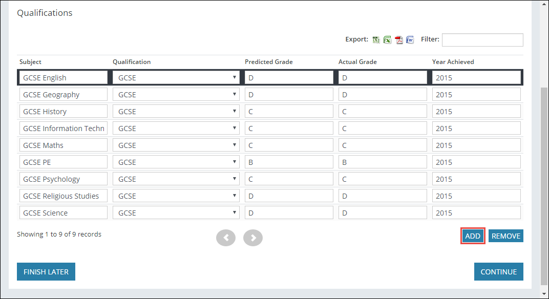 Qualifications grid - Add button