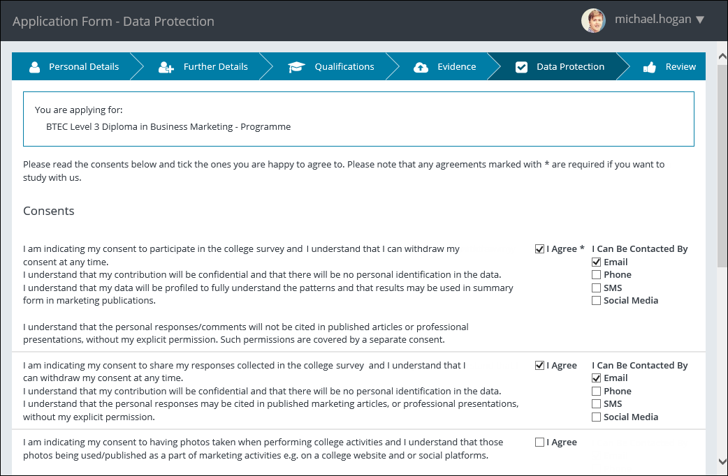 Application Form - Data Protection page