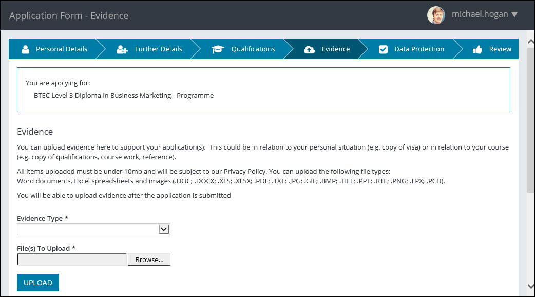 Application Form - Evidence page