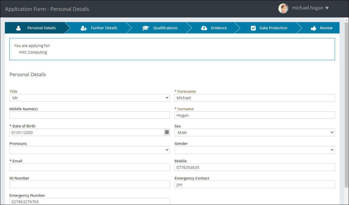 Application Form - Personal Details page