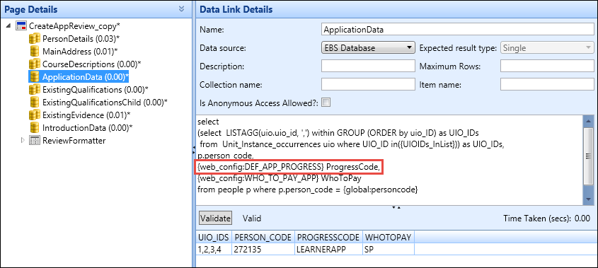 Data Link Details section - application progress code