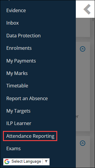 Attendance Reporting option mobile screen