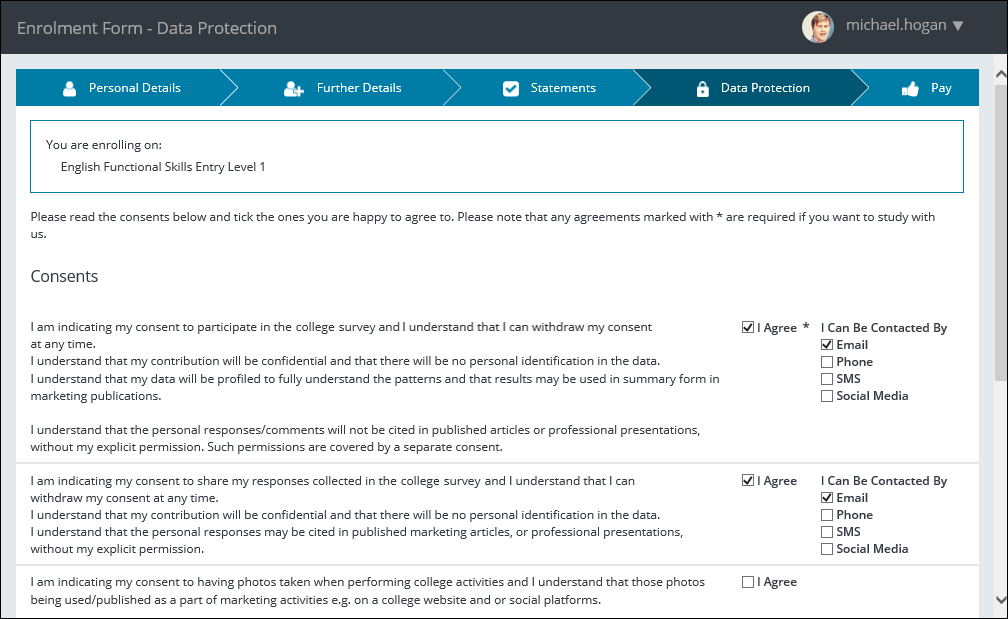 Enrolment Page - Data Protectoin page