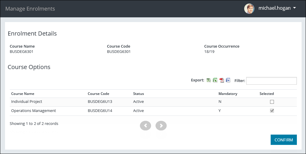 Manage Enrolments page