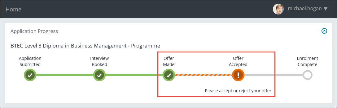 Application Progress section - offer indicators