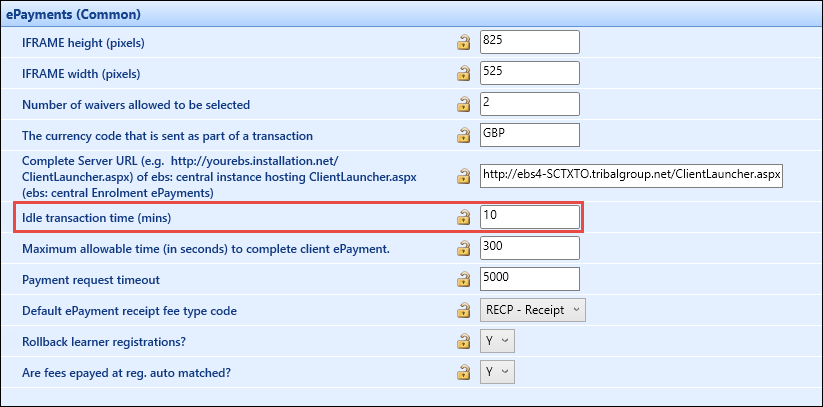 Idle transaction time (mins) institution setting