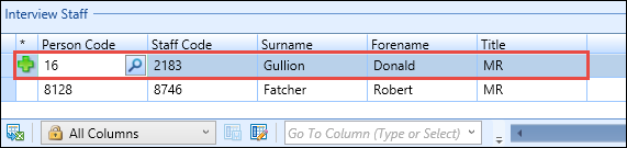 Interview Staff grid - person code entered