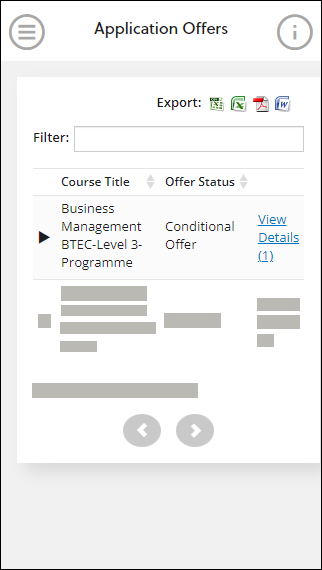 Application Offers page mobile