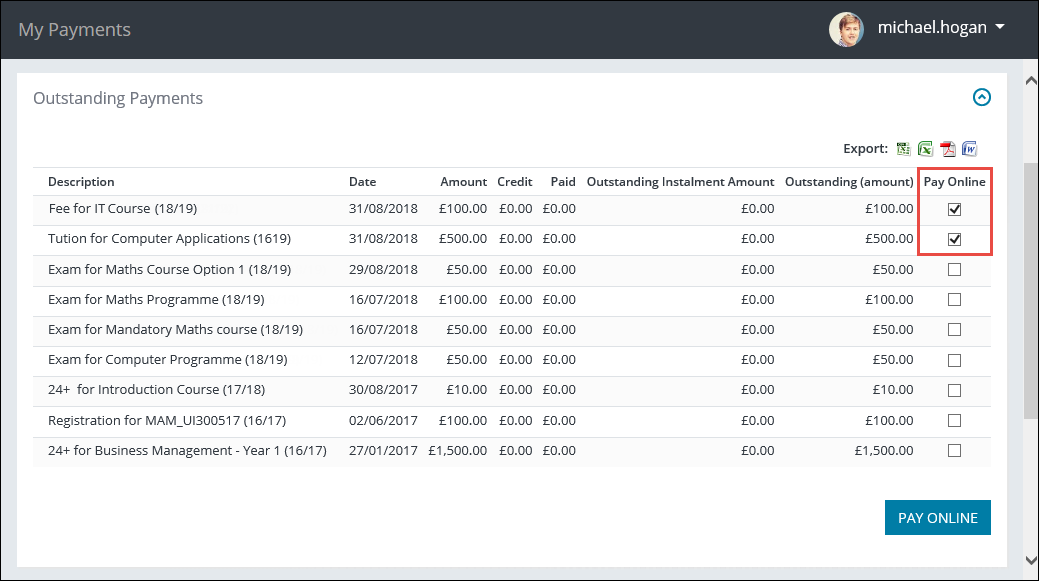 Pay Online check boxes