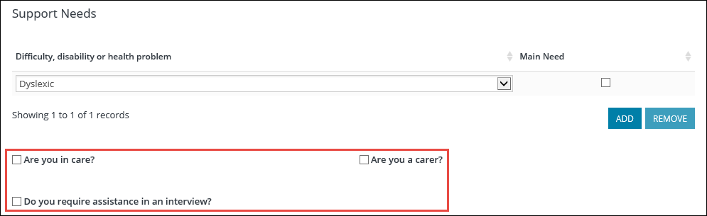 Support Needs section - additional fields