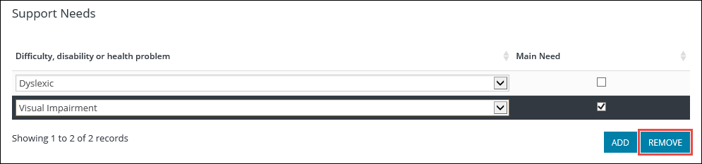 Support Needs section - Remove button