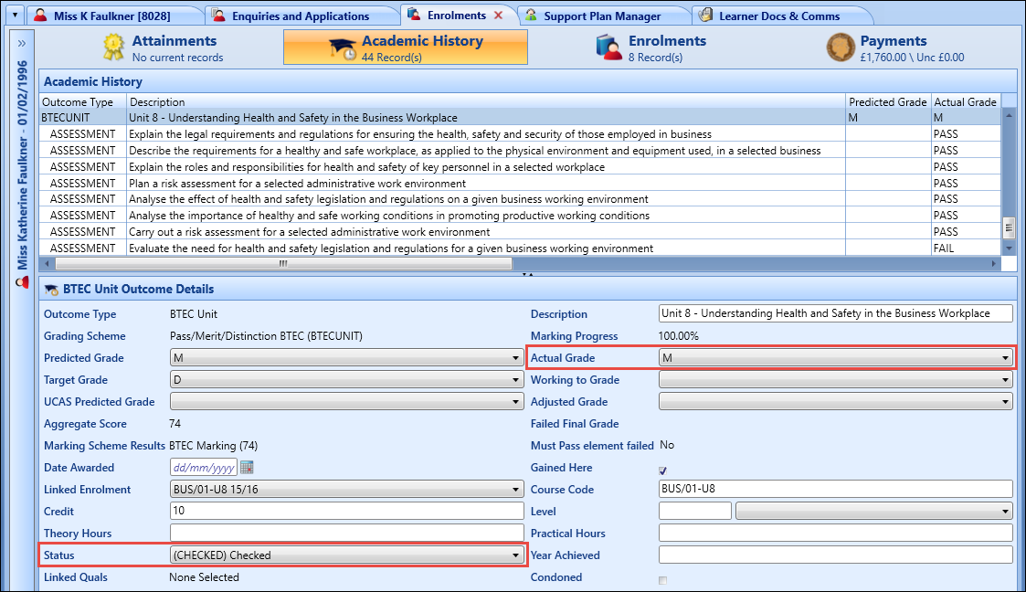 Actual Grade and Status fields on the Academic History tab