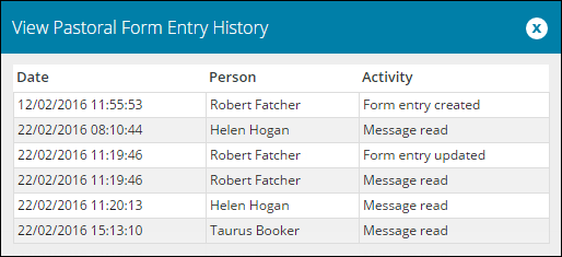 View Pastoral Form Entry History window