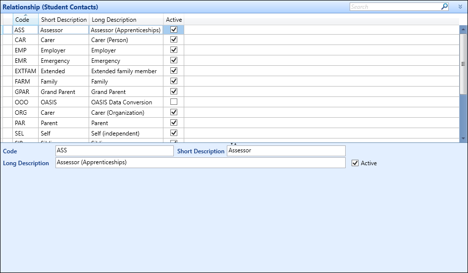 Relationship (Student Contacts) reference data screen