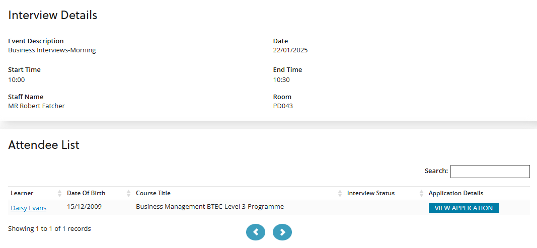 Interview details screen