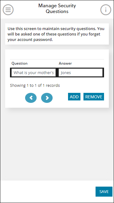 Manage Security Questions screen