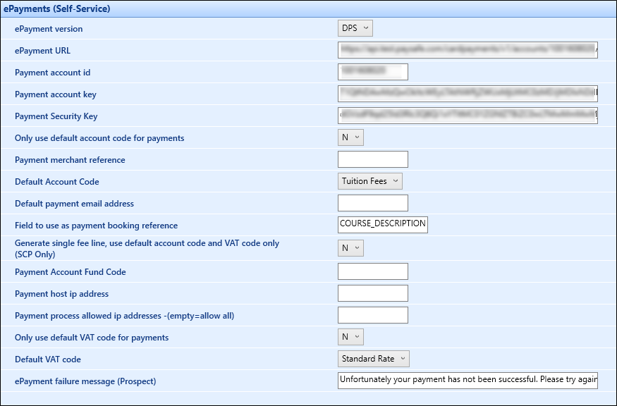 ePayments (Self-Service) institution settings screen