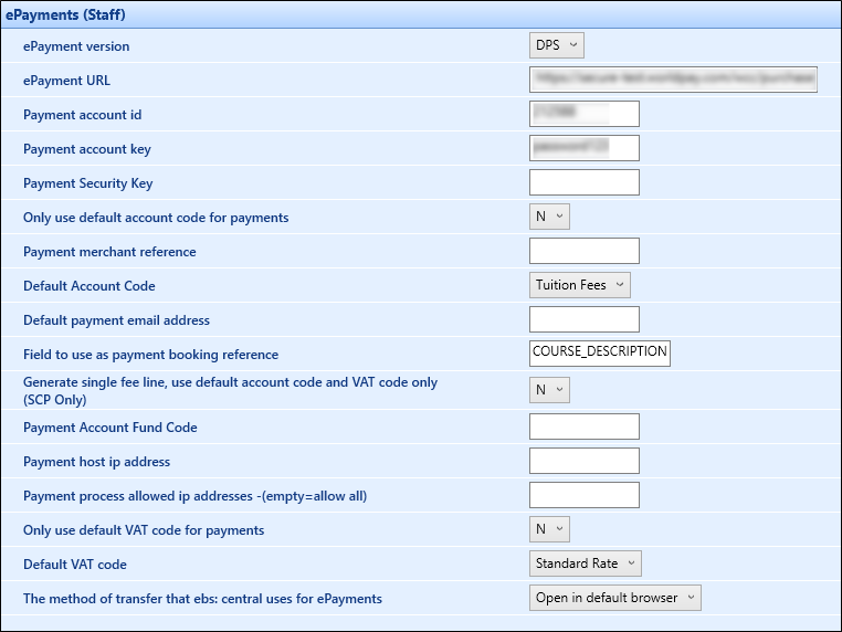 ePayments (ebs: Staff) institution settings screen