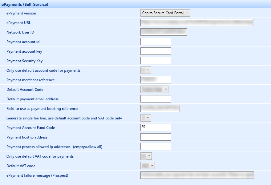 ePayments (Self-Service) institution settings screen