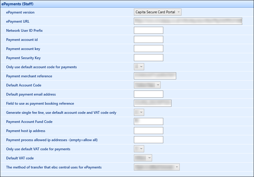 ePayments (ebs: Staff) institution settings screen