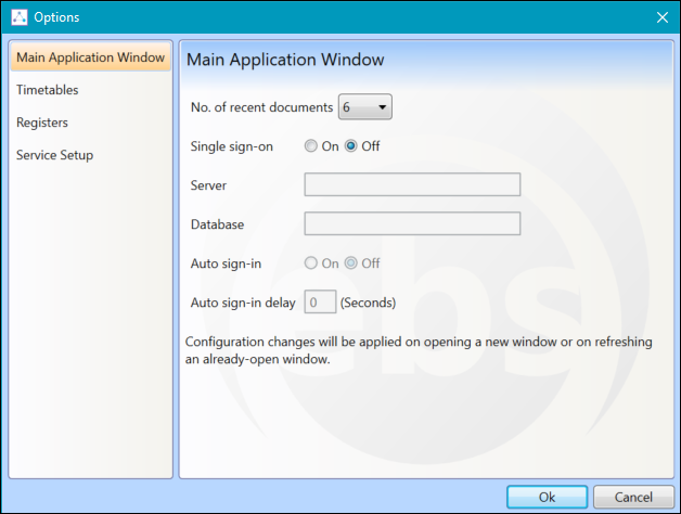 Options - Main Application Window