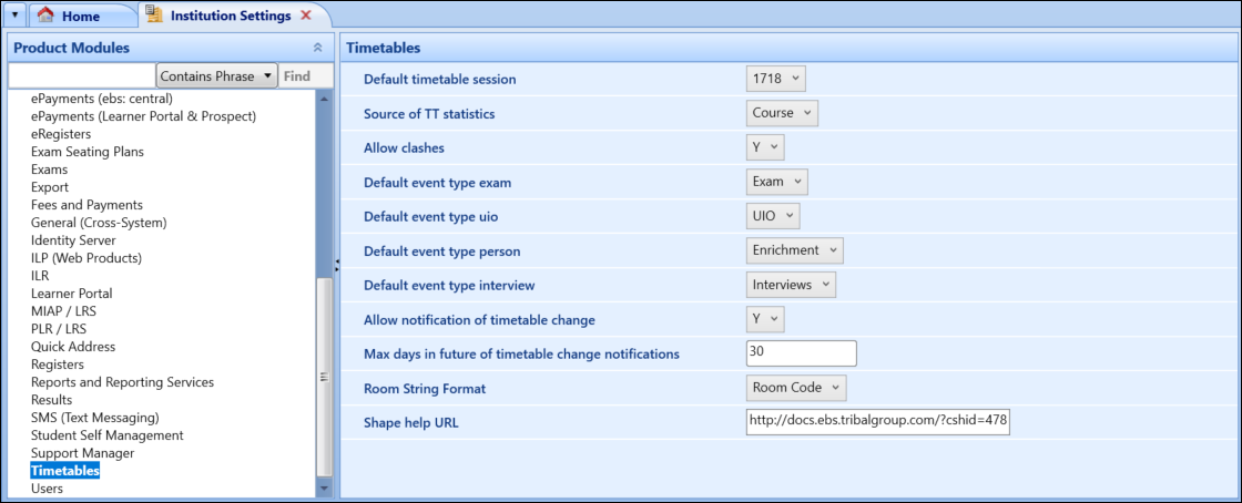 Timetables Institution Settings